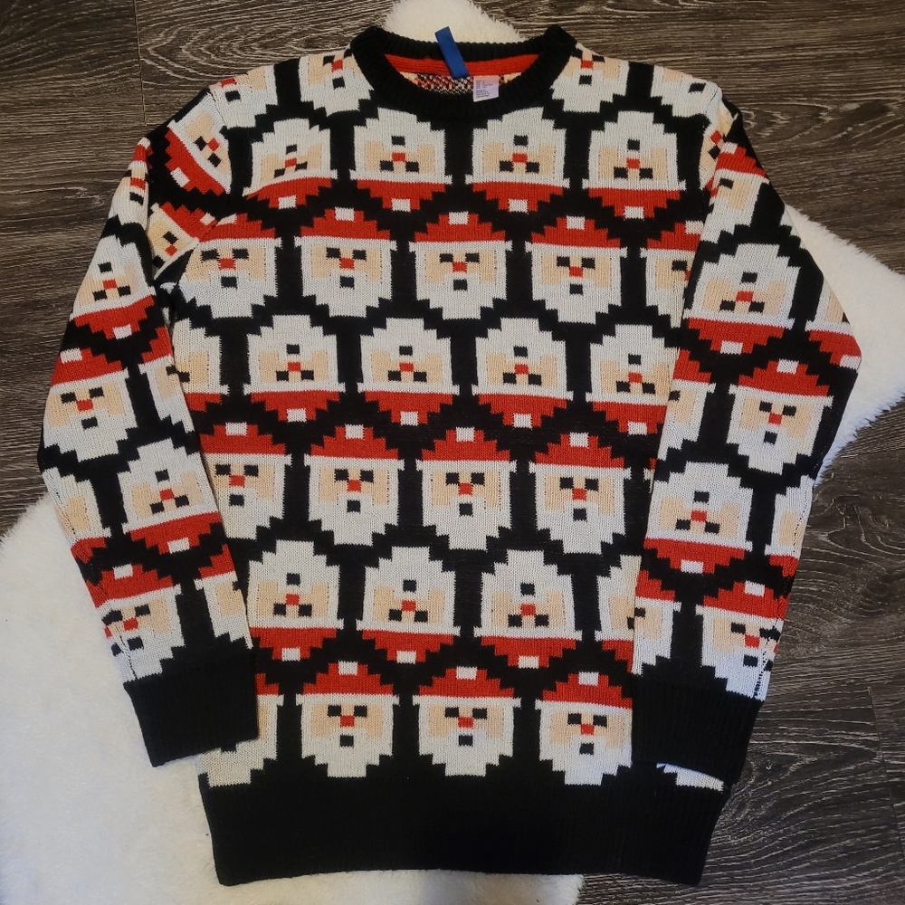 H&M Mens Jolly Santas Sweater Black, White And Red Sz S